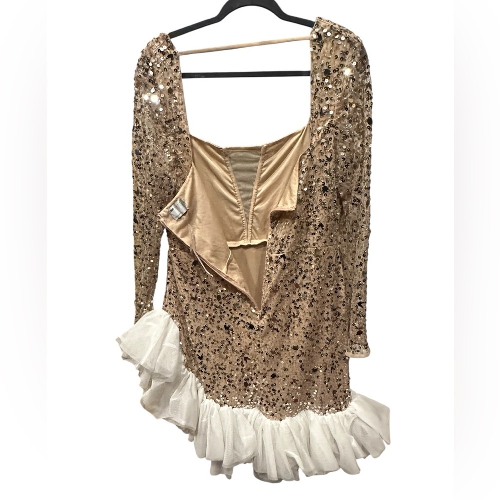 Asos Luxe Sequin Long Sleeve Nude gold sequin white tulle hem dress size 14 - Picture 7 of 12